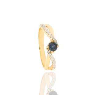 Anel Onda com Safira e Diamantes em Ouro Amarelo