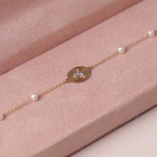Pulseira Espirito Santo Diamantado Com Pérolas Em Ouro Amarelo 