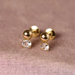Brinco Duplo Bolinha e Zircônias Em Ouro Amarelo