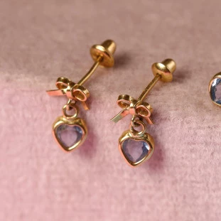 Brinco Laço Com Coração Com Zircônias Azul Em Ouro Amarelo