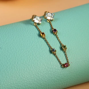 Brinco Piercing 2 Furos Pedras Naturais em Ouro Amarelo