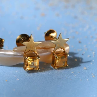 Brinco Estrela com Citrino em Ouro Amarelo
