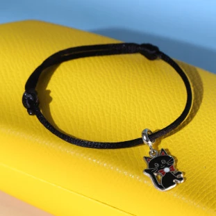 Pulseira Com Pingente Gatinho Preto Em Prata