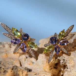 Brinco Earcuf Com Pedras Naturais E Diamantes Em Ouro Amarelo