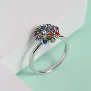 Anel Flor Chuveiro Cravejado Com Zircônias Coloridas Em Prata