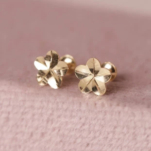 Brinco Flor Pequeno Diamantado Em Ouro Amarelo 