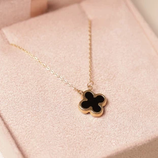 Gargantilha Trevo Com Pedra Onix Em Ouro Amarelo 