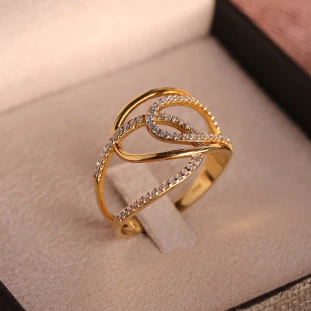 Anel Fios Cruzado Com Diamante Em Ouro Amarelo