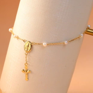 Pulseira Terço Com Perolas Em Ouro Amarelo