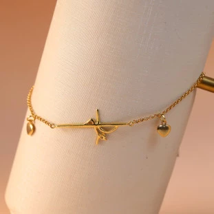 Pulseira Fé Com Dois Corações Pendurados Em Ouro Amarelo
