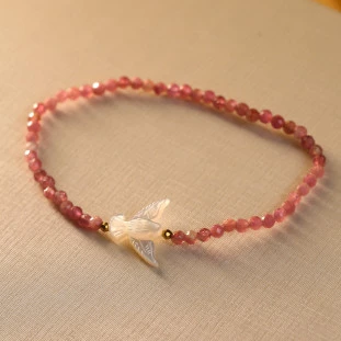 Pulseira Com Turmalinas Rosas e Espirito Santo  Em Madrepérola 