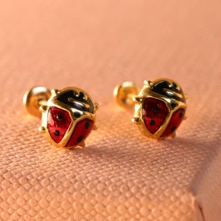 Brinco Joaninha Resina Em Ouro Amarelo