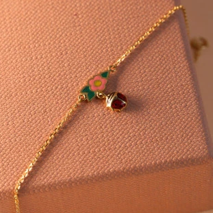 Pulseira Infantil Joaninha Com Flores Em Ouro Amarelo 