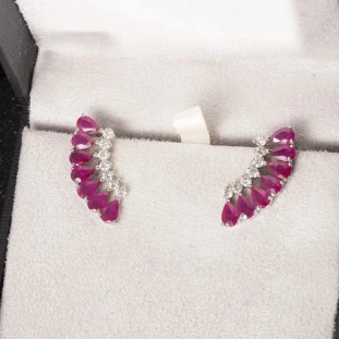 Brinco Ear Cuff Gotas Rubi Com Diamantes Em Ouro Branco