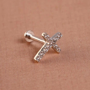 Piercing Cruz Cravejado Com Zircônias Em Ouro Branco 