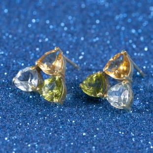 Brinco Triangulo Com Pedras  Naturais Em Ouro Amarelo