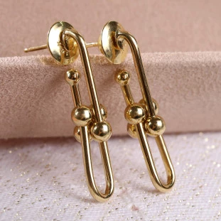 Brinco Elos Ovais Com Bolinhas Em Ouro Amarelo 