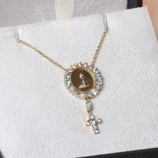 Gargantilha Nsa Sra Aparecida Com Topázios e Cruz Pendurada Em Ouro Amarelo