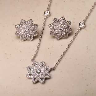 Conjunto Brinco e Gargantilha Flor Cravejadas Com Zircônias Em Prata