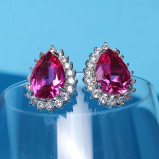 Brinco Gota Com Zircônia Rosa Em Prata