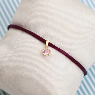 Pulseira Fio De Seda Com Pingente Redondo Com Zircônia Rosa Em Ouro Amarelo