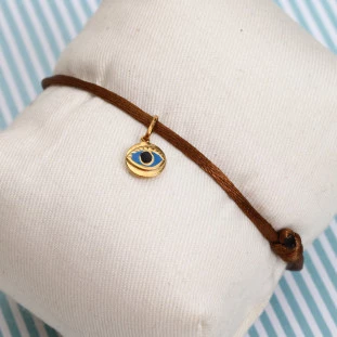 Pulseira Fio De Seda Com Pingente Olho Grego em Ouro Amarelo
