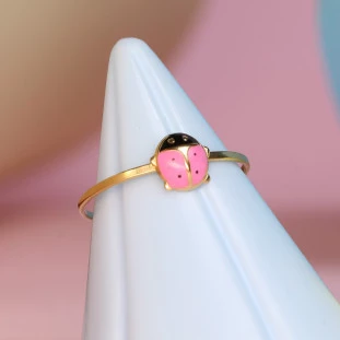 Anel Infantil Joaninha Esmaltada Rosa Em Ouro Amarelo 