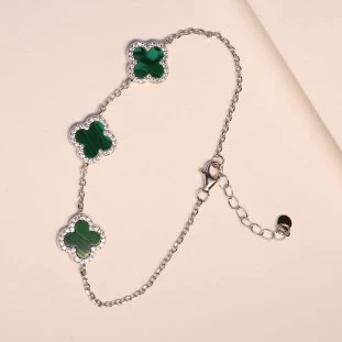 Pulseira 3 Trevos Malaquita  Cravejada Com Zircônias Em Prata
