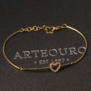 Bracelete Coração Com Diamantes  Negros Em Ouro Amarelo