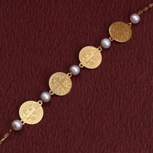 Pulseira São Bento Com Perolas Em Ouro Amarelo '