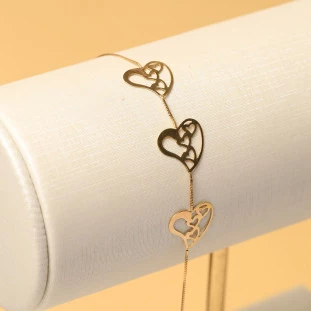 Pulseira 3 Corações Com Corrente Veneziana Em Ouro Amarelo 