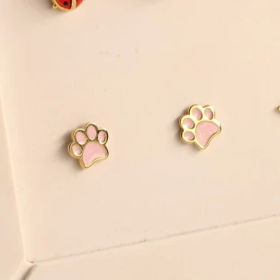 Brinco Pata de Cão Com Resina Rosa Em Ouro Amarelo