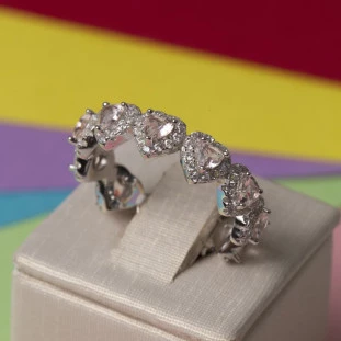 Aliança Inteira Zircônia Colorida Coração em Prata