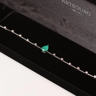 Pulseira Canutilho Com Zircônias Gota Verde Em Prata 
