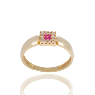 Anel Chuveiro Quadrado com Rubi e Diamantes em Ouro Amarelo